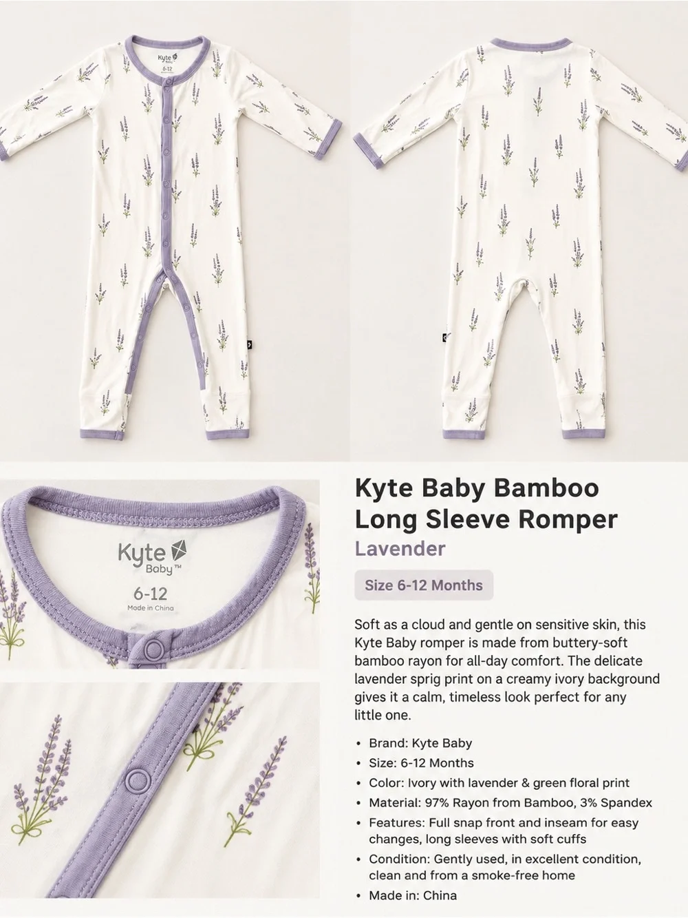 Kyte BABY Kyte Lavender Bamboo Zip Romper 6-12M